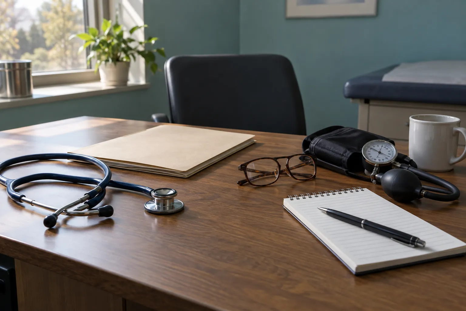 Close detail of a clinician&rsquo;s desk in the clinic: a stethoscope coiled beside a closed plain folder, a pair of reading glasses, a blank notepad and a pen, a blood-pressure cuff and a mug, afternoon light, a teal wall soft in the background.