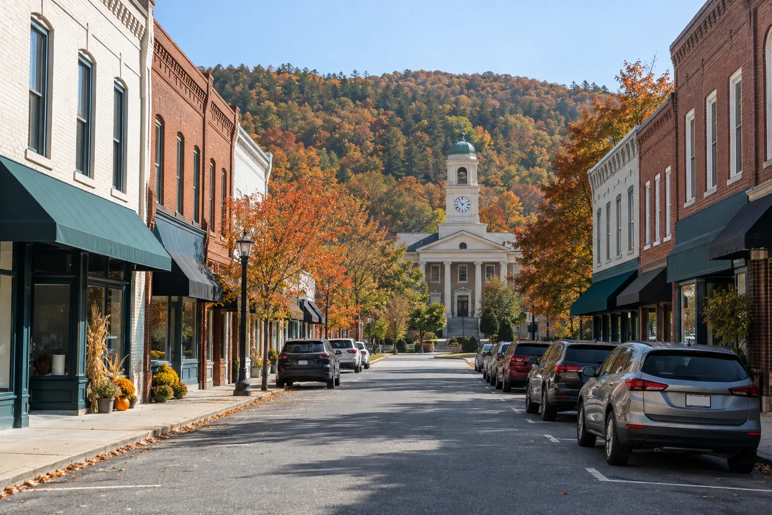 The main street of the mill town in autumn: two-storey brick storefronts with dark awnings, the courthouse clock tower at the end of the street, parked cars, maples turning orange and a forested ridge behind.