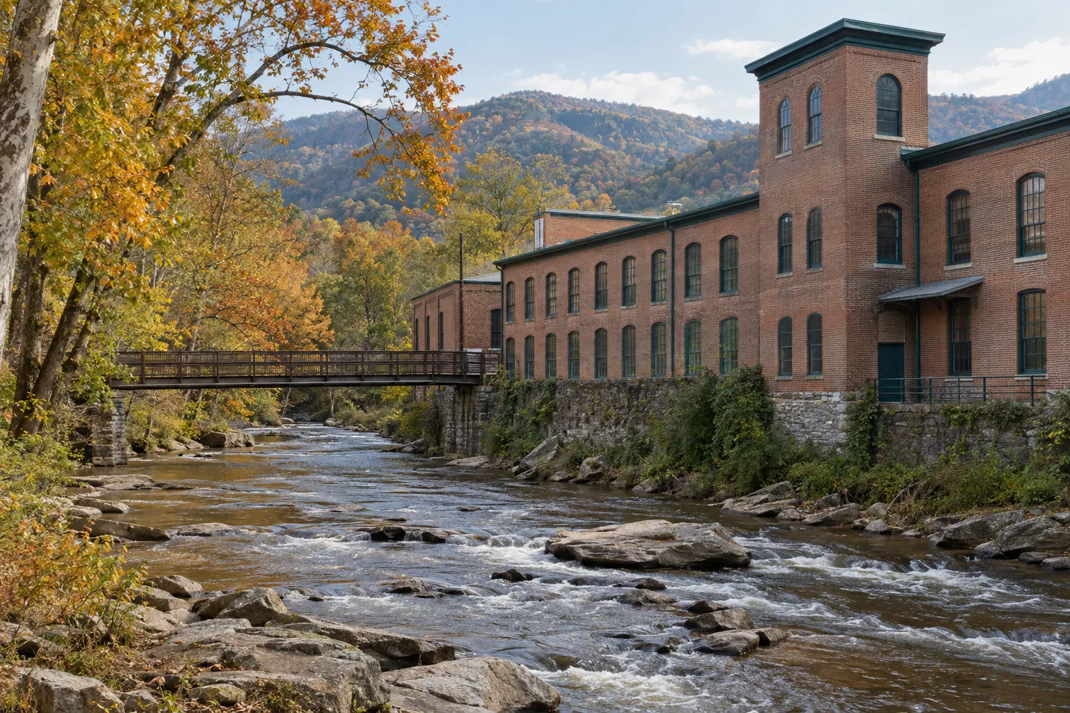 The river beside the old brick textile mill in autumn: brown water over rocks, the long mill with rows of arched windows and a square tower, a footbridge, sycamores and maples turning, and mountains behind.
