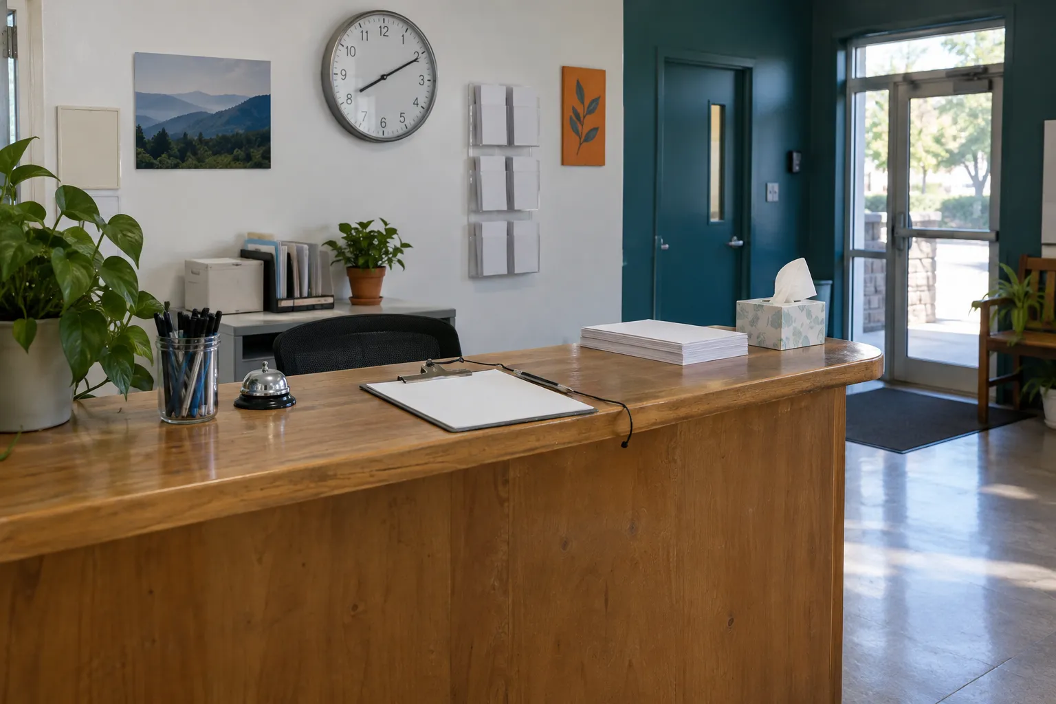 The front desk before opening: a plain wooden counter with a blank clipboard and a pen on a string, a jar of pens, a small bell, a box of tissues, a stack of blank forms, a wall clock and the glass front door letting in the morning.
