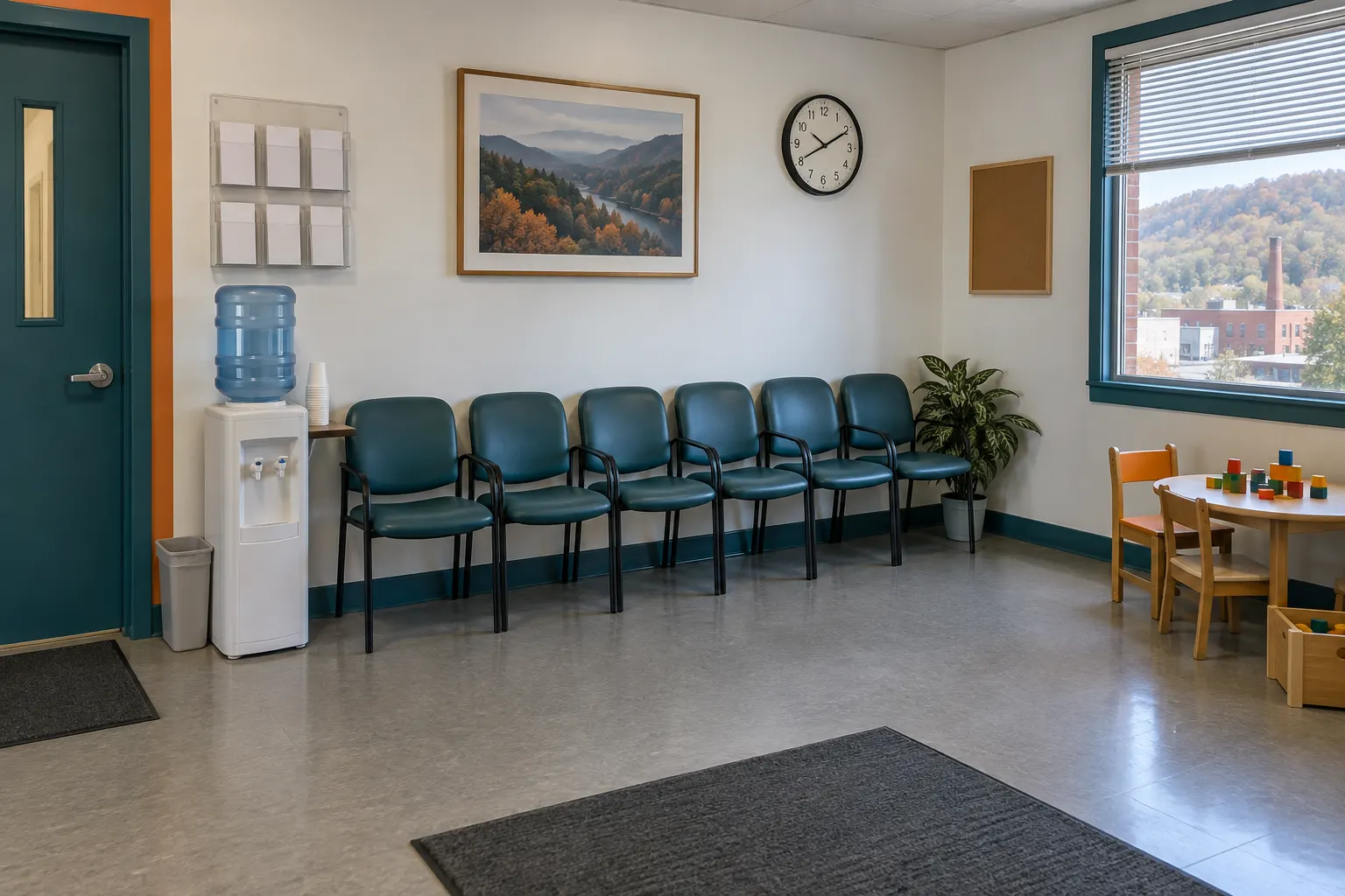 The waiting room before opening: six teal vinyl chairs against a white wall, a water cooler with paper cups, a wall rack of blank pamphlets, a round clock, a window onto the mill town, and a small table with wooden blocks in the corner.