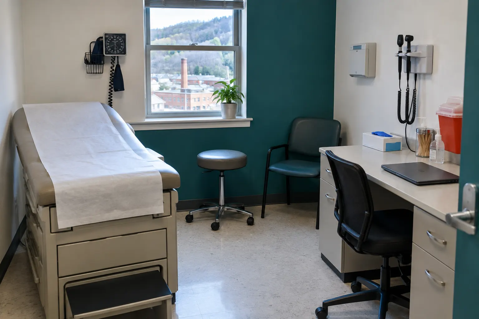 An exam room: an exam table with fresh paper, a blood-pressure cuff mounted on the wall, a rolling stool, a small desk with a closed laptop, an otoscope on its wall bracket, a box of gloves and a sharps container, one teal accent wall and a window onto the town.