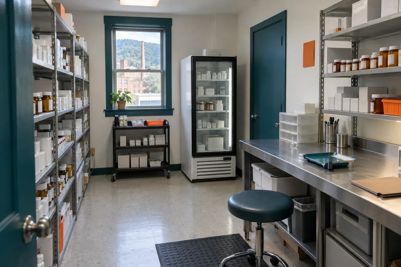The medication room: grey metal shelving with rows of plain white cartons and amber bottles with blank labels, a glass-front refrigerator, a pill-counting tray on a steel counter, a stool and a window with a teal frame.