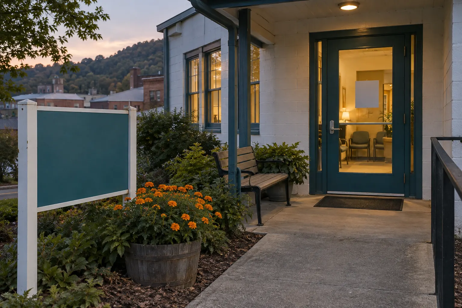The entrance walkway at dusk: a post-mounted sign with a blank teal panel beside the path, a wooden barrel of orange marigolds, a bench, and the lit teal front door with a blank card in the glass.