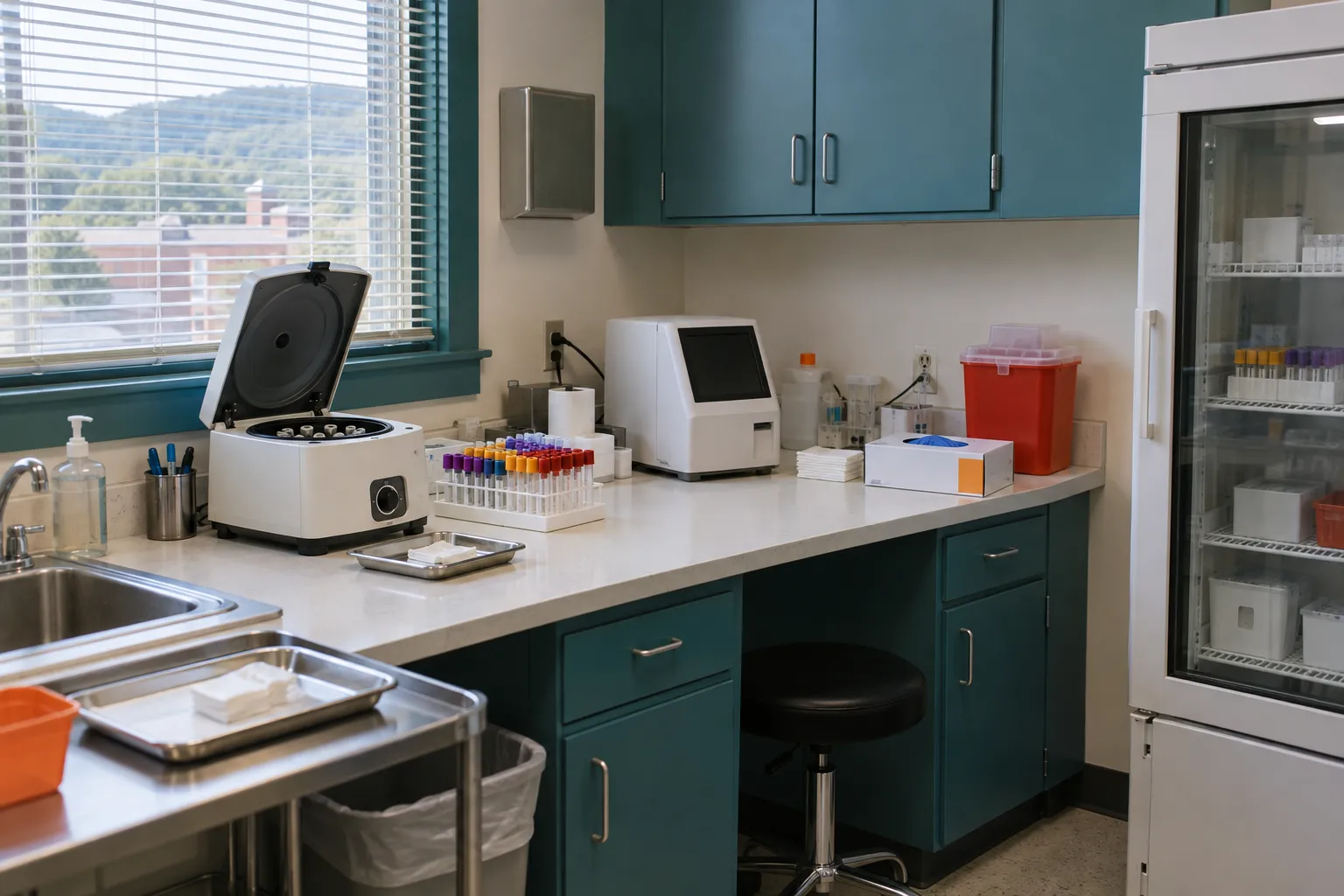 The lab bench: a benchtop centrifuge, a rack of blood-draw tubes with blank coloured caps, a small tabletop analyzer with a dark screen, a box of gloves, a sharps container and a specimen refrigerator, under teal cabinets by a window with blinds.